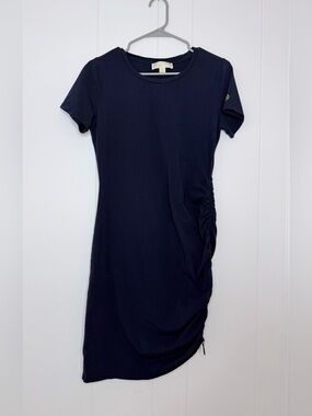 Michael Kors Navy Short-Sleeve Ruched Midi Dress